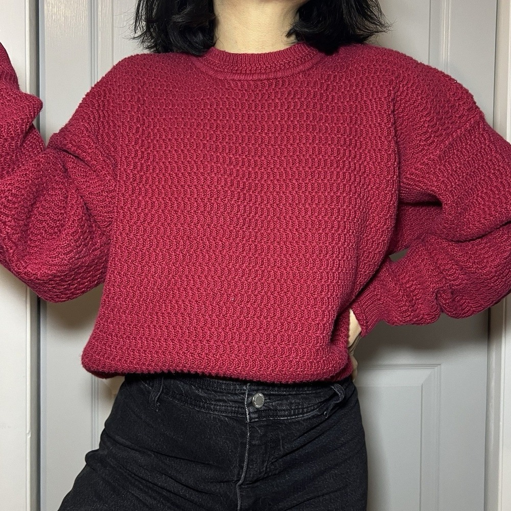 Vintage 90s Red Cotton Fisherman Knit Sweater Traditional Coastal Large - Picture 2 of 11